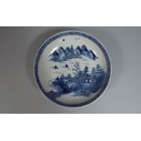 A Nice Chinese Blue and White Shallow Dish Decorated with Fishing Boats, Ocean and Mountains.