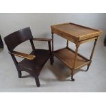 A Low Edwardian Oak Chair and a Trolley by Teecar P Gold and Co, Longton,