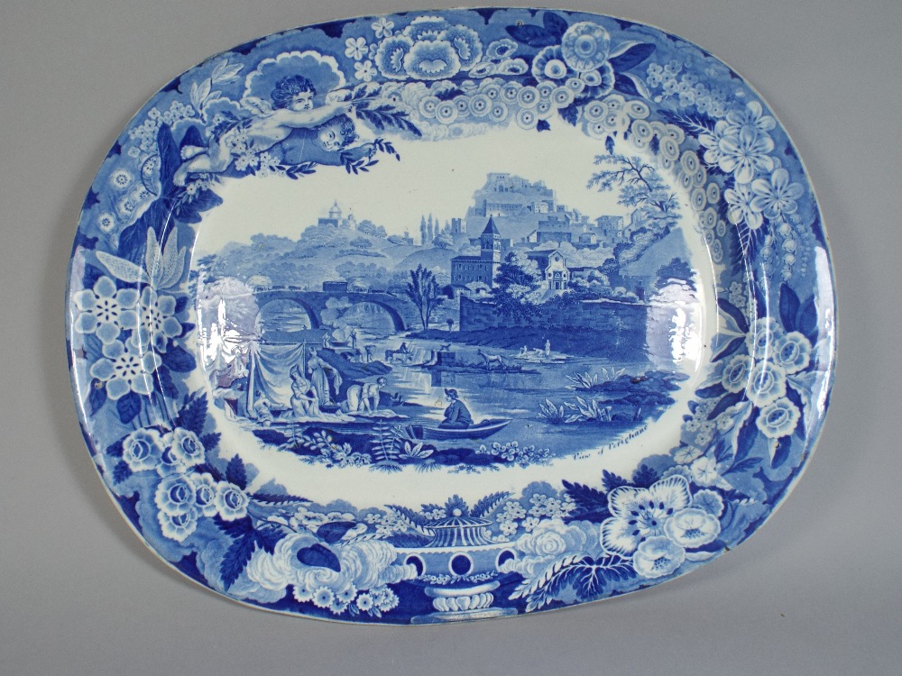 A 19th Century Transfer Printed Blue and White Meat Plate 'View of Corigliano' Impressed Marks