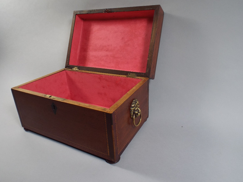 An Inlaid Mahogany Work Box with Oval Brass Escutcheon and Brass Lion Mask Ring Handles. - Image 2 of 2