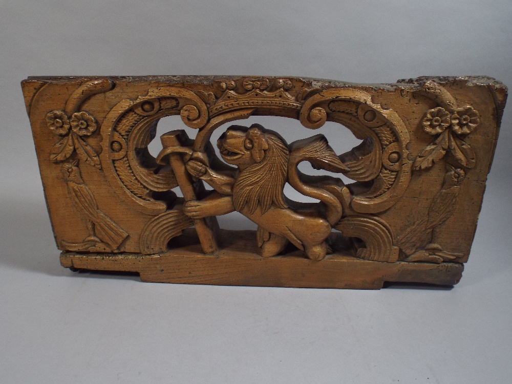 An Early Pierced and Carved Wooden Panel Depicting Lion, Birds and Flowers. 56cm Wide,18. - Image 5 of 5