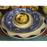 A Tray Containing Three Blue and White Meat Dishes, Circular Blue and White Bowl,