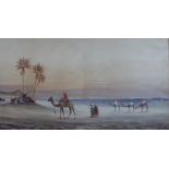 A Gilt Framed Watercolour Depicting Desert Camp with Camels and Figures Signed Bottom Left R.