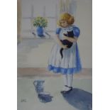 A Framed Pair of Watercolours Depicting Young Girl In Blue Dress and Pinafore.