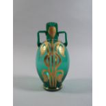 An Art Nouveau Green Glass Vase with Gold Decoration