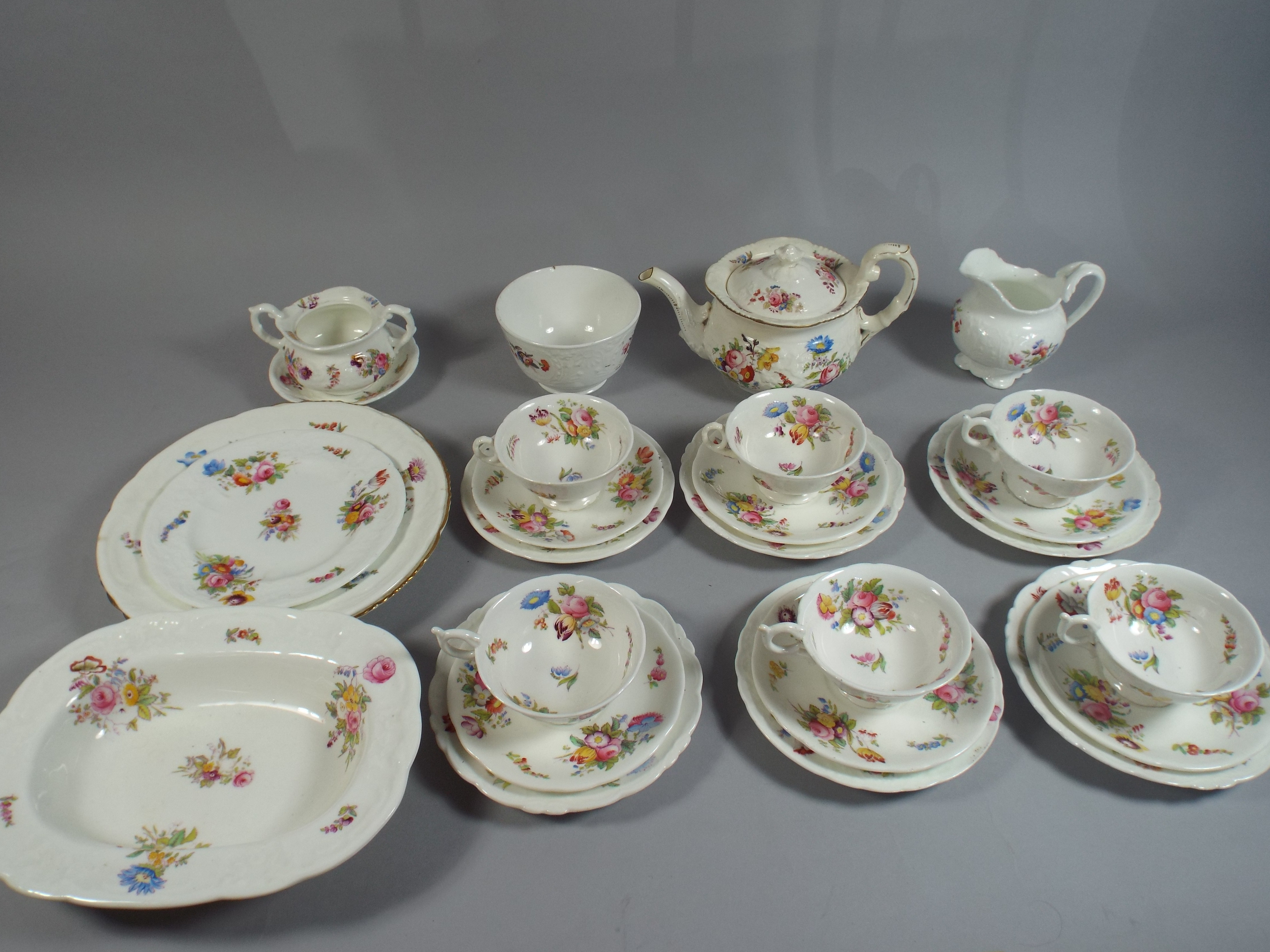 A Collection of Coalport Floral Teawares to Include 6 Trios, Teapot, Sugar, Cream, 3 Plates,
