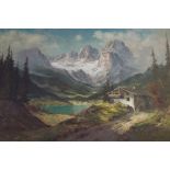 A Large Gilt Framed Oil on Canvas Depicting Alpine Scene with Chalet in Foreground.