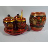 A Set of Russian Lacquered Papier Mache Pots and Vases.