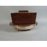 A Sarcophagus Tea Caddy for Restoration and A Silver Plated Two Handled Tureen With Copper Top.
