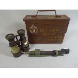 A Pair of Binoculars, Ammunition Box and A Bayonet.