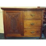 An Edwardian Side Cabinet with Carved Panel Door to Shelved Section and Three Side Drawers.