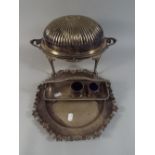 A Silver Plated Warming Kidney Dish, Plate and Cruet.