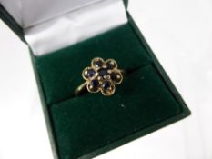 A Lady's 9ct Gold and Sapphire Ring, the ring takes the form of a flower, size O, approx 3 gms