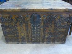 A Wooden Chest/Blanket Box, with decorative metal banding to the corners with metal carry handles,