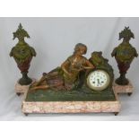 A French Style Marble Mantel Clock together with garniture in the form of decorative urns. The clock