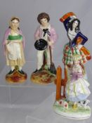 A Pair of Staffordshire Style Figures depicting a boy holding a broom and a girl carrying a