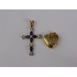 A 9ct White and Purple Stone Cross, together with a 9ct Gold Locket, est 4.2 gms