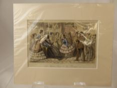 A collection of antiquarian prints depicting party scenes, motor cars, caricatures etc. some