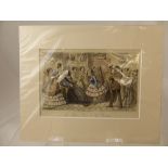 A collection of antiquarian prints depicting party scenes, motor cars, caricatures etc. some