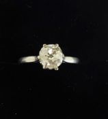 A lady's diamond and platinum ring, 5.9 x 5.6 mm old cut approx 70 pts, size N, est. 2.2 gms.