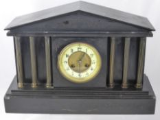 A Victorian Slate Marble Mantel Clock, having three column Corinthian columns of brass face with