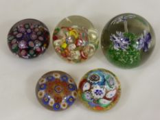 Five Antique Glass Paperweights, of millefiori design, unsigned.