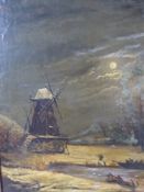 An Original Oil on Canvas, Artist Unknown, depicting a windmill night scene, presented in a gilt