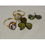 A lady's 9 ct gold amethyst ring, size N together with a lady' 9 ct opal ring, size N, green stone