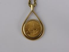 A South African 1/10th oz 1982 Kruger Rand, on a 9k gold chain in a 9ct gold mount, est 14 gms.