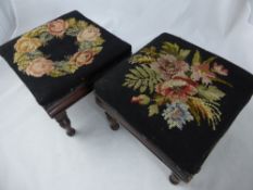 A Pair of Antique Mahogany Foot Stools, with floral embroidery.