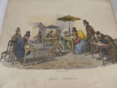 Eight Hand Coloured Prints, by Dura depicting various street scenes, published 1834, unframed.