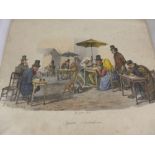 Eight Hand Coloured Prints, by Dura depicting various street scenes, published 1834, unframed.