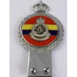 A Chrome and Enamels Royal Military Academy Sandhurst car bumper badge, the badge engraved JRG &