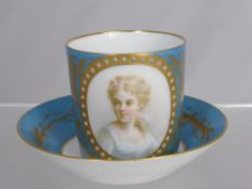 A Sevres 1771 Cabinet Coffee Can and Saucer (marks to base), portrait cartouche of a young girl,