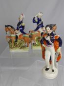 Two Staffordshire Figures, depicting soldiers on horseback, together with a porcelain figure of