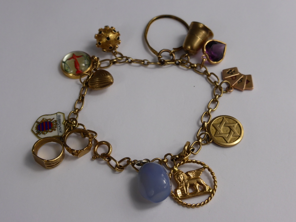 A 9 ct gold hallmarked charm bracelet having miscellaneous gold charms including one being 14 ct,