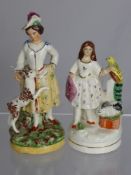 Two Staffordshire Figures, the first depicting a girl with a bird on her hand, est 16 cms and a
