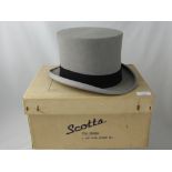 A Grey Felt Ascot Top Hat, by Scott & Co, Picadilly, with leather head band, in the original box,