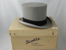 A Grey Felt Ascot Top Hat, by Scott & Co, Picadilly, with leather head band, in the original box,