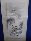 A Hand Painted Chinese Scroll Painting, depicting house martins in flight amongst blossom, with