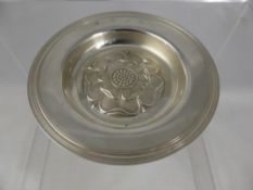 A Solid Silver Tudor Rose Dish, London hallmark, m.m C.J.V Ltd, est 126 gms, with the original