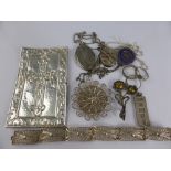 Miscellaneous Silver Jewellery, including ingot, filigree pendant bracelet, lockets, rings, enamel