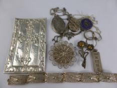 Miscellaneous Silver Jewellery, including ingot, filigree pendant bracelet, lockets, rings, enamel