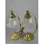 Two Brass Desk Lamps, with fluted glass shades.