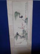A Hand Painted Chinese Scroll Painting, depicting two black amongst cherry blossom, with character