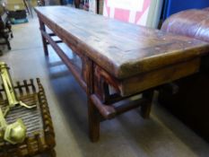 A Chinese Fruitwood Bench, with carry handles beneath. Est 199 x 45 x 57 cms
