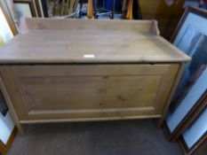 A pine blanket box with a metal handle to each side, est. 82 x 43 x 54 cms.
