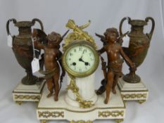 A Circa 19th Century French Clock Garniture, the white marble centre piece having two painted winged