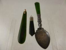 A Collection of miscellaneous New Zealand Jade items, including Sterling Silver Spoon, pendant