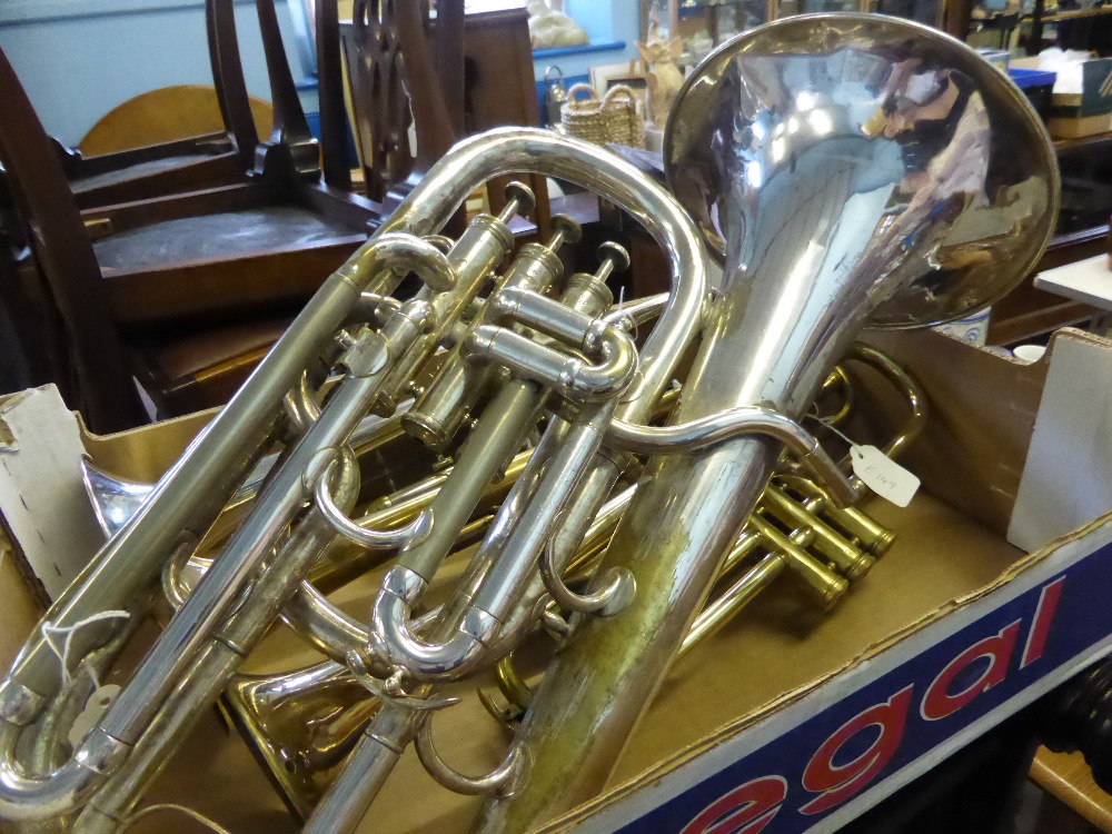 An Excelsior Sonorous Class A Hawkes & Son Tuba together with three trumpets, makers names Class A